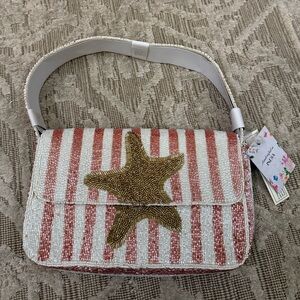 NWT Starfish Pink White Stripes Striped Beaded Bag Made in India Brand New